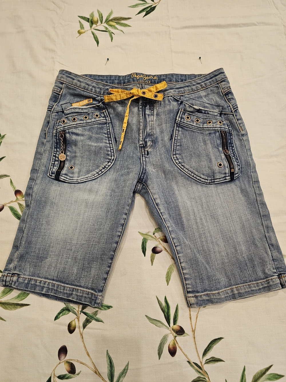 Pepe Jeans Vintage Y2K Denim Bermuda Shorts Yellow Drawstring Sz 30
